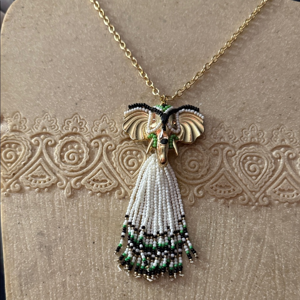 NWT Hannah Global Elephant Pendant Necklace with Beaded Tassel 24”